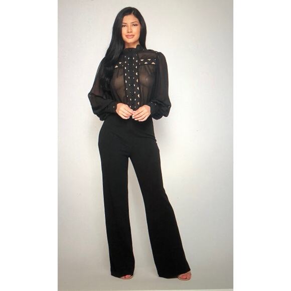 Lace Chiffon blouse wide leg jumpsuit (Black)-Small - Picture 1 of 2